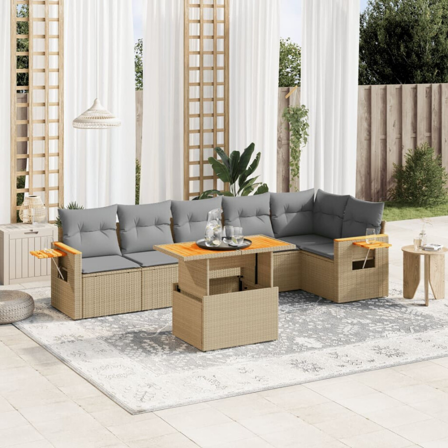 vidaXL 7-delige Loungeset met kussens poly rattan beige afbeelding 1
