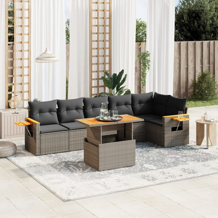 vidaXL 7-delige Loungeset met kussens poly rattan grijs afbeelding 1