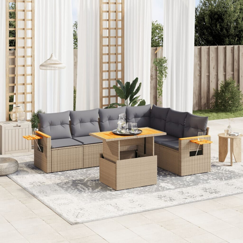 vidaXL 7-delige Loungeset met kussens poly rattan beige afbeelding 1