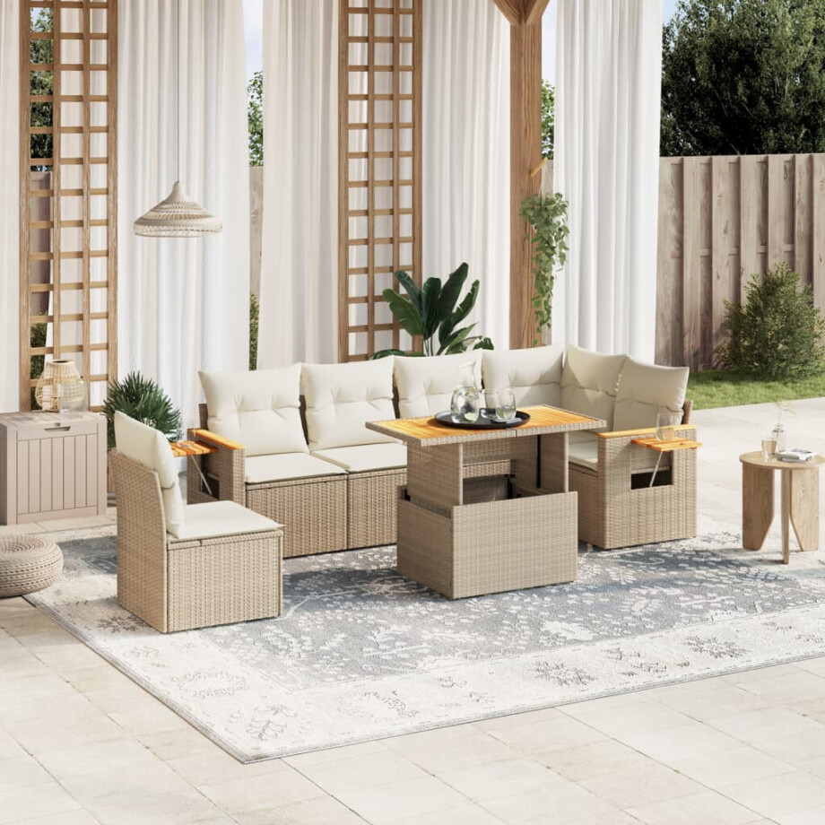 vidaXL 7-delige Loungeset met kussens poly rattan beige afbeelding 1