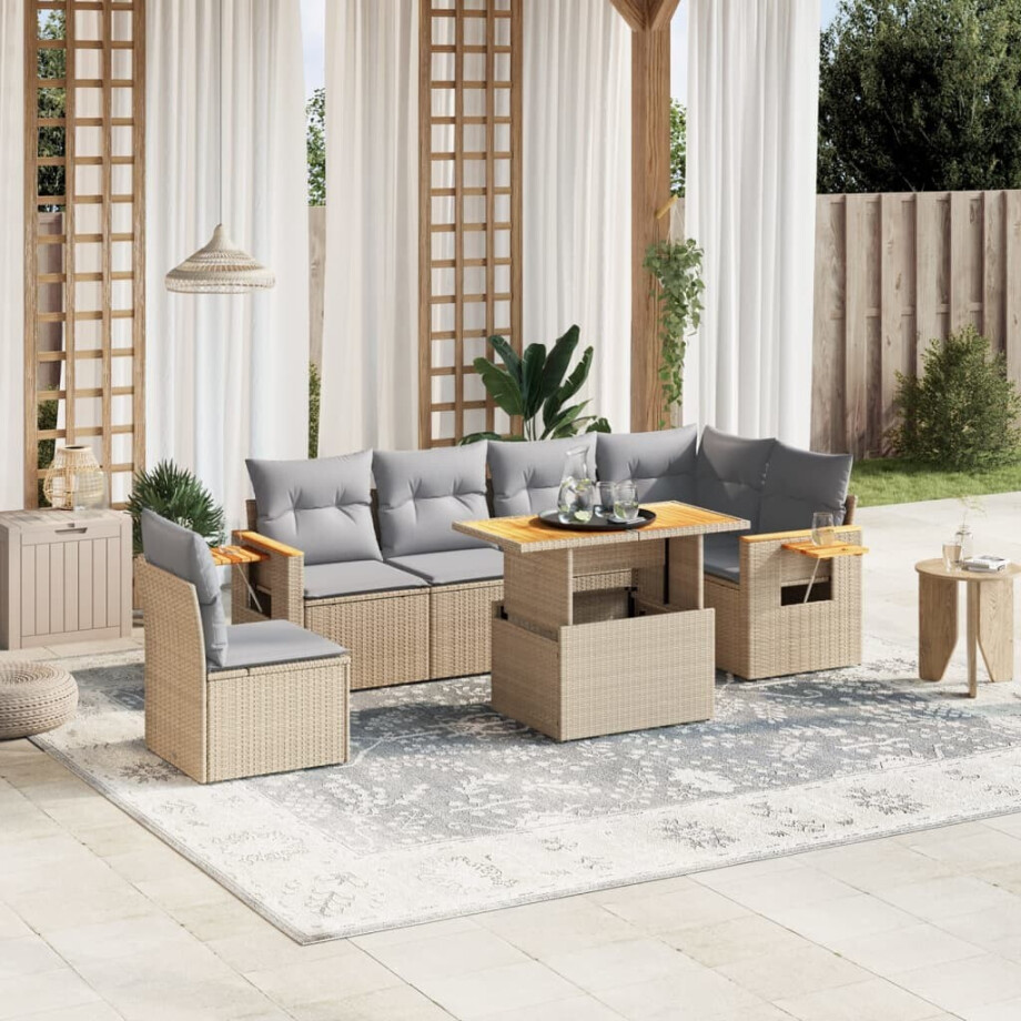 vidaXL 7-delige Loungeset met kussens poly rattan beige afbeelding 1