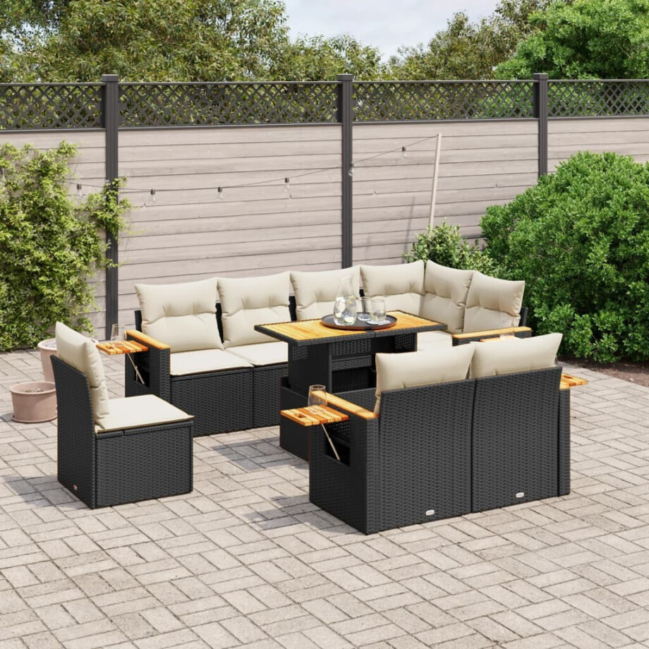 vidaXL 9-delige Loungeset met kussens poly rattan zwart afbeelding 1