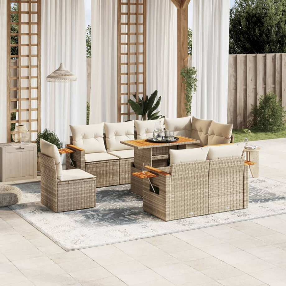vidaXL 9-delige Loungeset met kussens poly rattan beige afbeelding 1