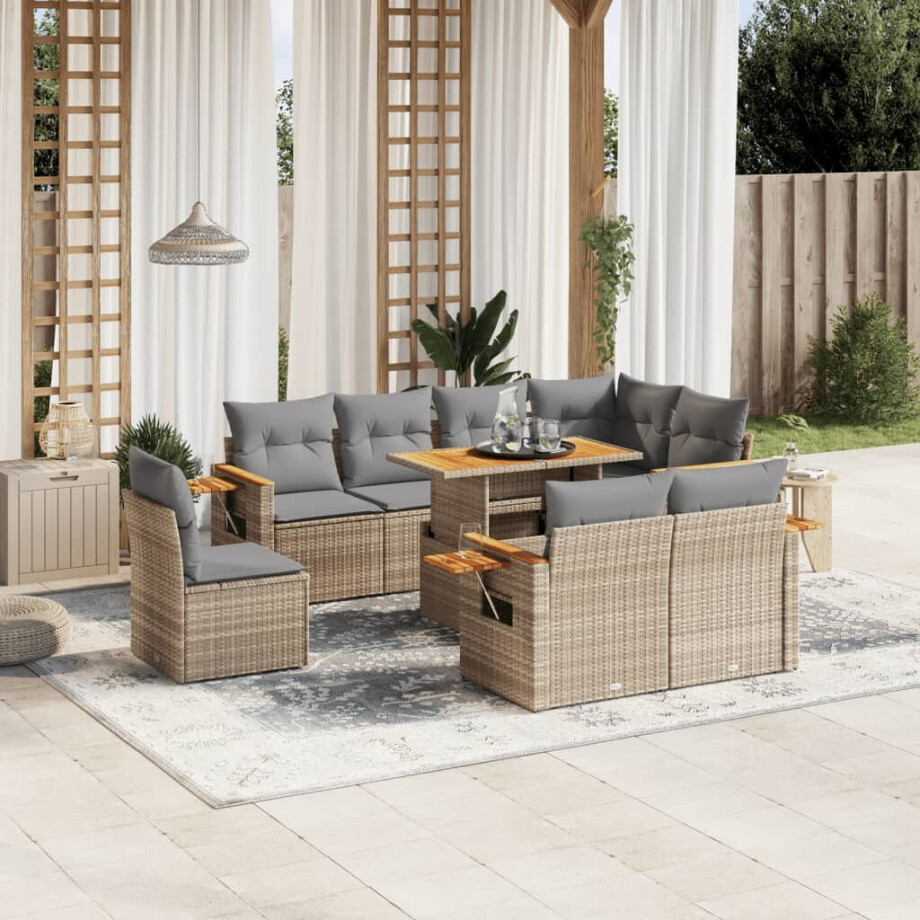 vidaXL 9-delige Loungeset met kussens poly rattan beige afbeelding 1