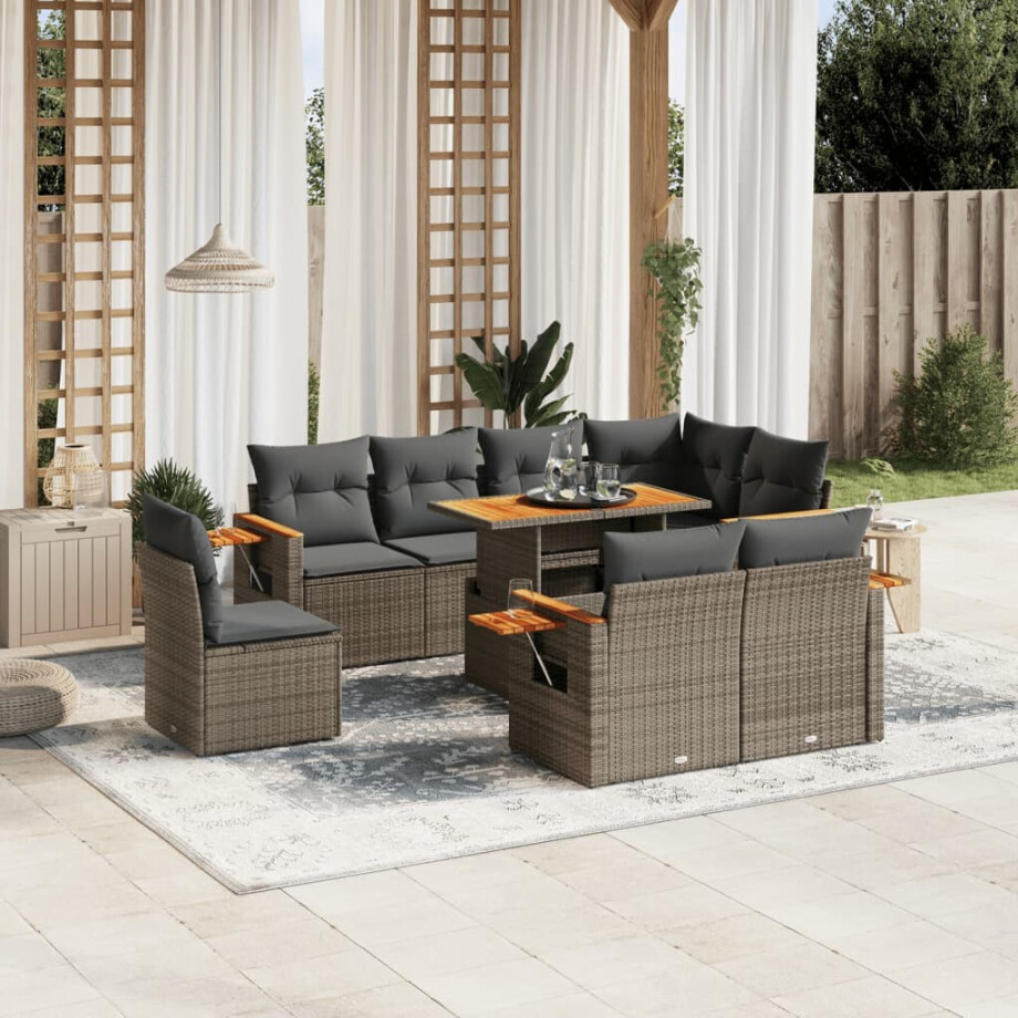 vidaXL 9-delige Loungeset met kussens poly rattan grijs afbeelding 1