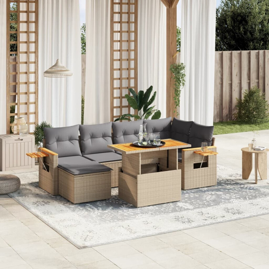 vidaXL 7-delige Loungeset met kussens poly rattan beige vidaXL 7-delige Loungeset met kussens poly rattan beige afbeelding 1