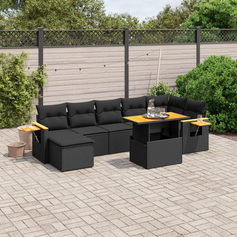 vidaXL 8-delige Loungeset met kussens poly rattan zwart afbeelding 1