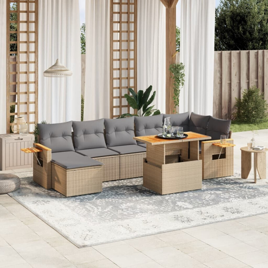 vidaXL 8-delige Loungeset met kussens poly rattan beige afbeelding 1