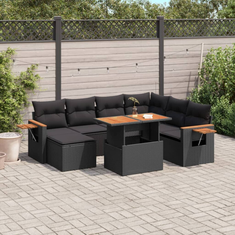 vidaXL 8-delige Loungeset met kussens poly rattan zwart afbeelding 1