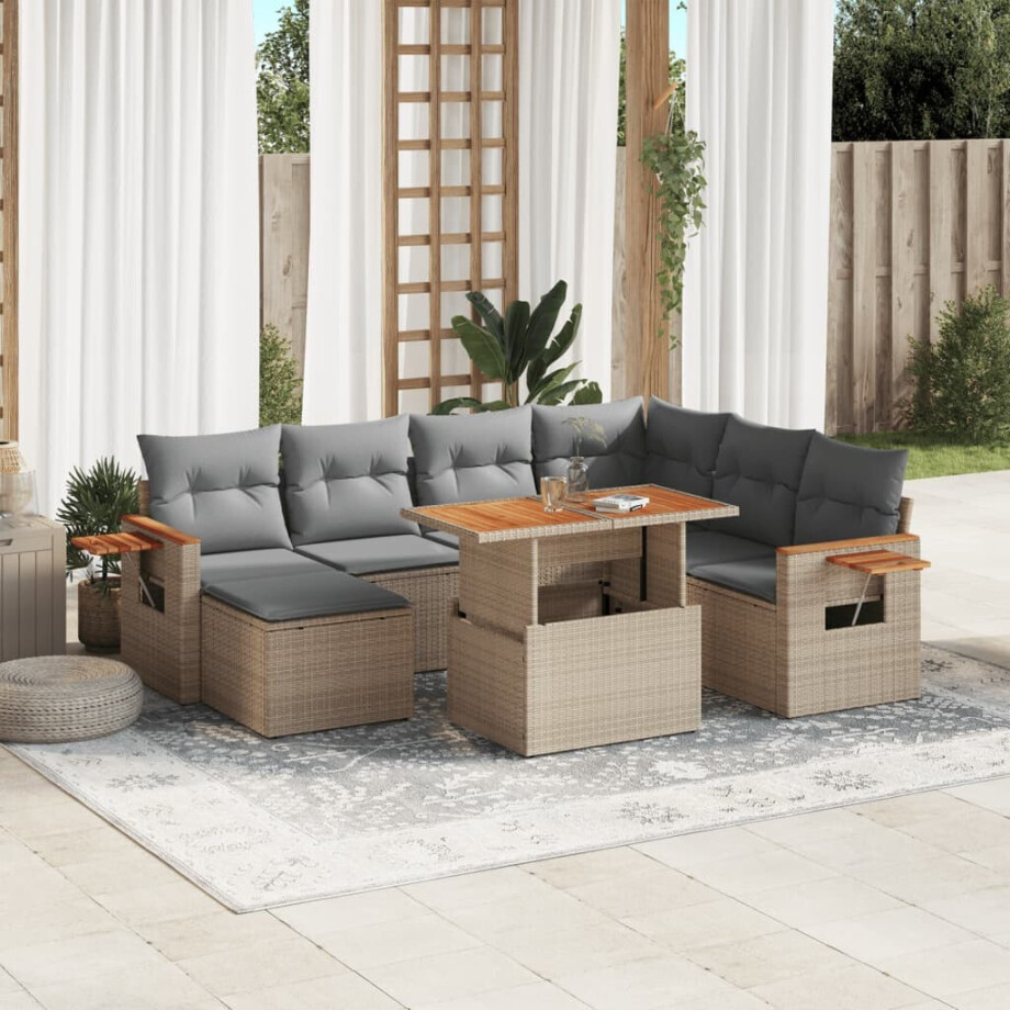 vidaXL 8-delige Loungeset met kussens poly rattan beige afbeelding 1