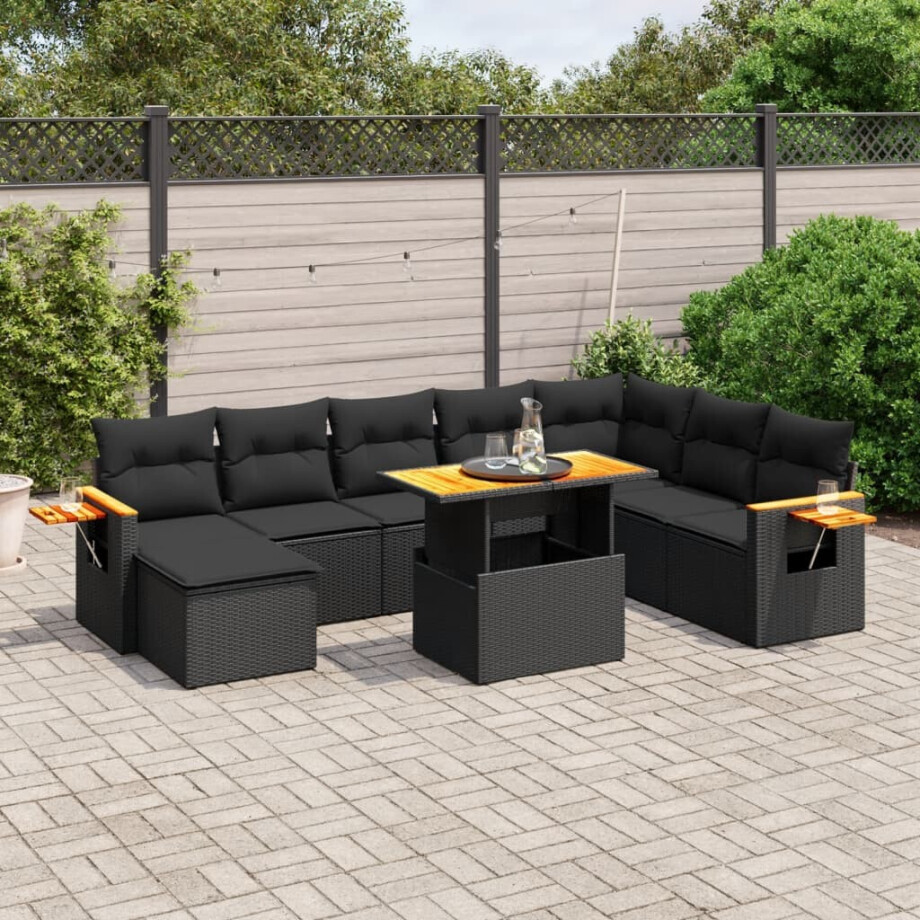 vidaXL 9-delige Loungeset met kussens poly rattan zwart afbeelding 1