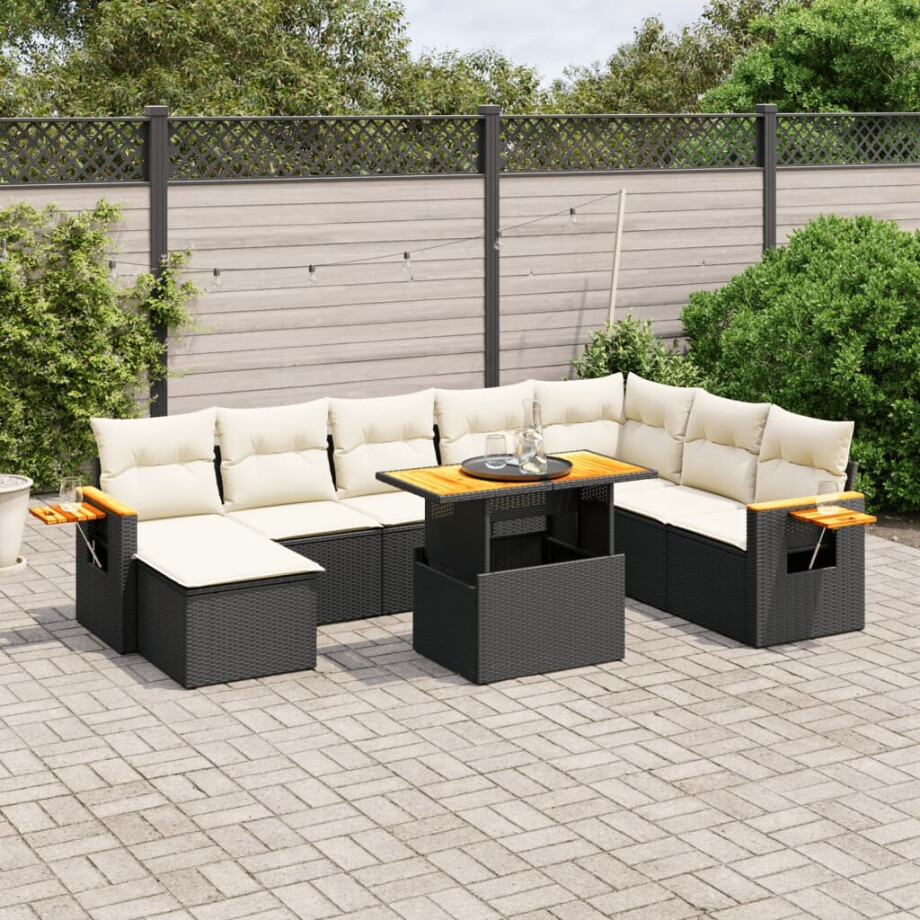 vidaXL 9-delige Loungeset met kussens poly rattan zwart afbeelding 1