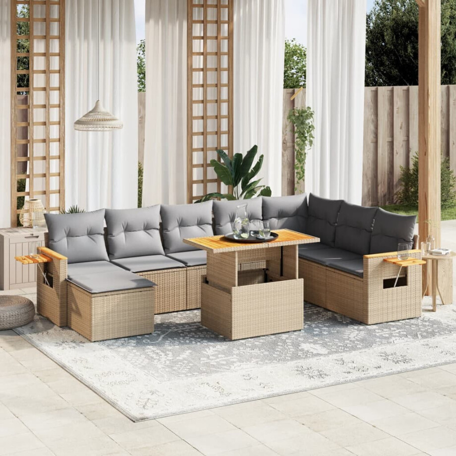 vidaXL 9-delige Loungeset met kussens poly rattan beige afbeelding 1