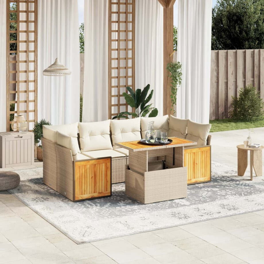 vidaXL 7-delige Loungeset met kussens poly rattan beige afbeelding 1