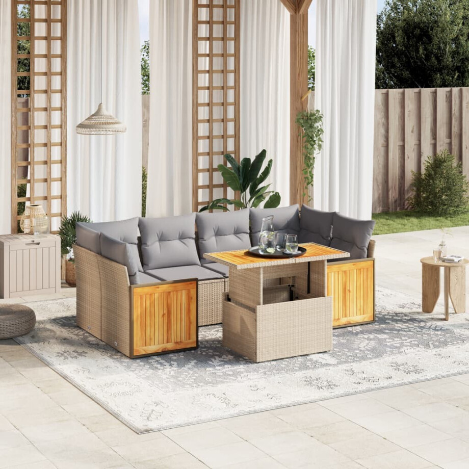 vidaXL 7-delige Loungeset met kussens poly rattan beige afbeelding 1