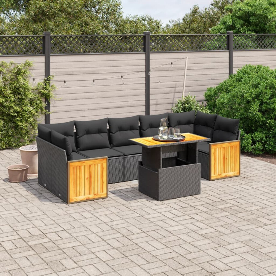 vidaXL 8-delige Loungeset met kussens poly rattan zwart afbeelding 1