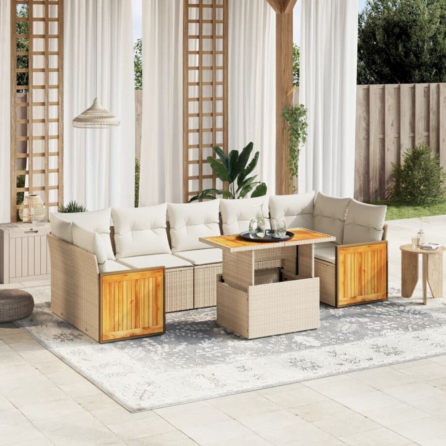 vidaXL 8-delige Loungeset met kussens poly rattan beige afbeelding 1