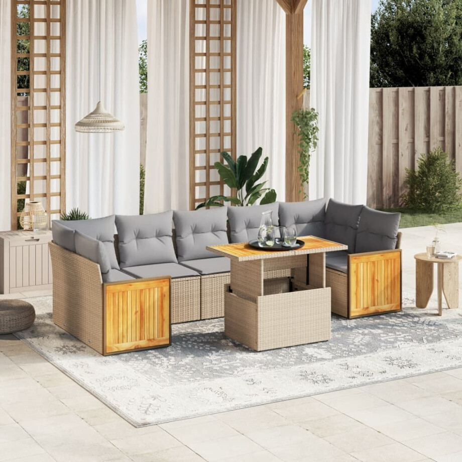 vidaXL 8-delige Loungeset met kussens poly rattan beige afbeelding 1