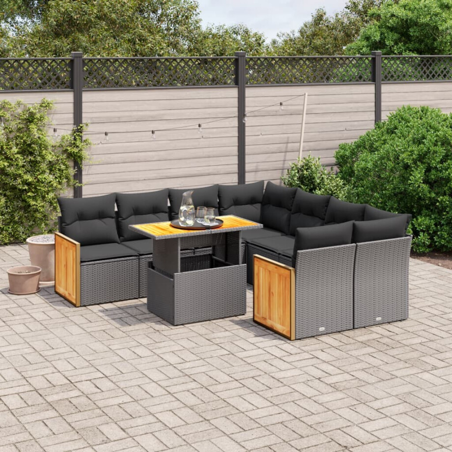 vidaXL 9-delige Loungeset met kussens poly rattan zwart afbeelding 1