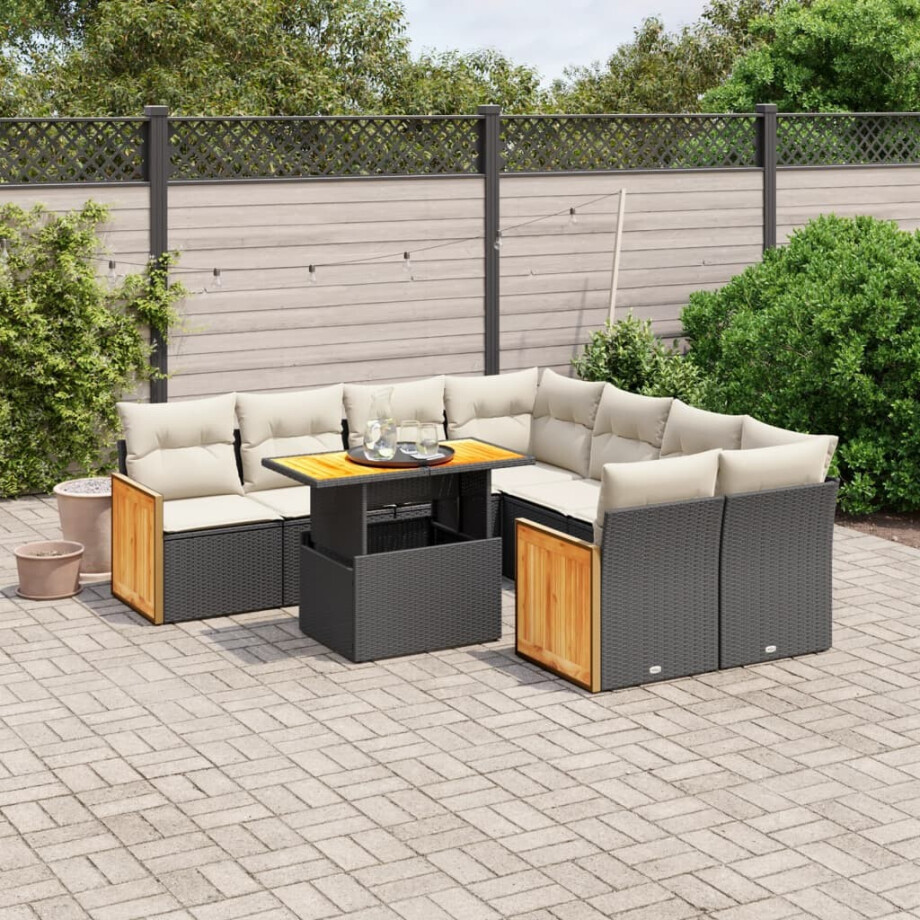 vidaXL 9-delige Loungeset met kussens poly rattan zwart afbeelding 1