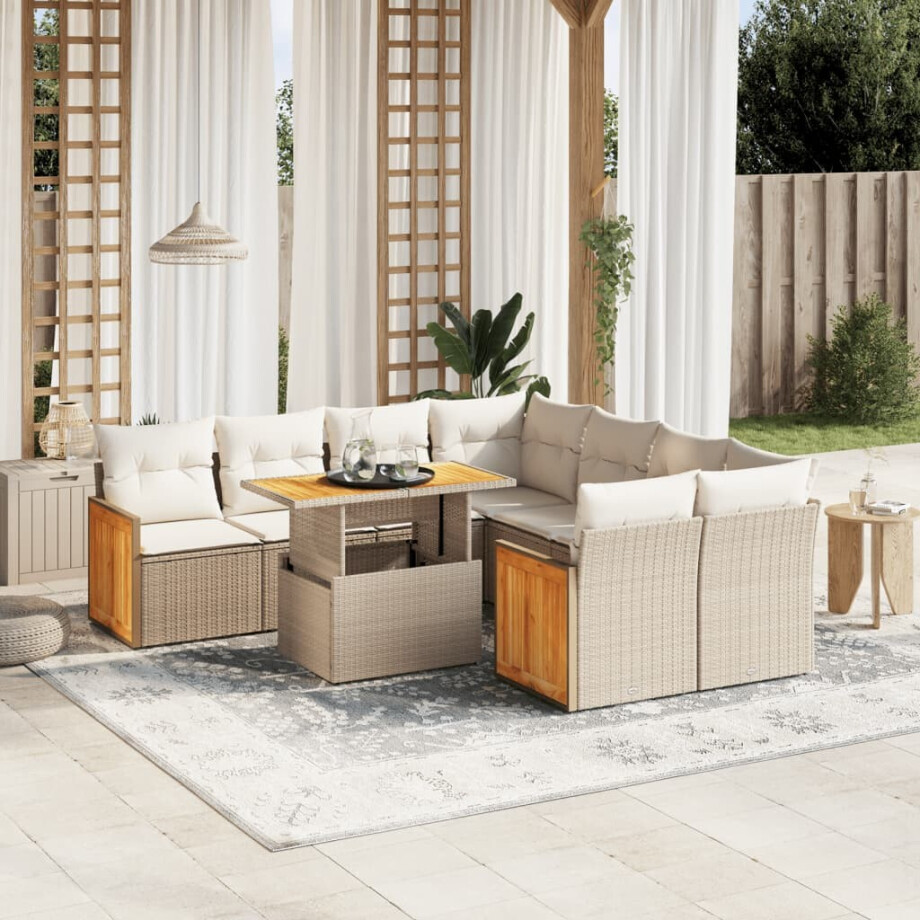 vidaXL 9-delige Loungeset met kussens poly rattan beige afbeelding 1