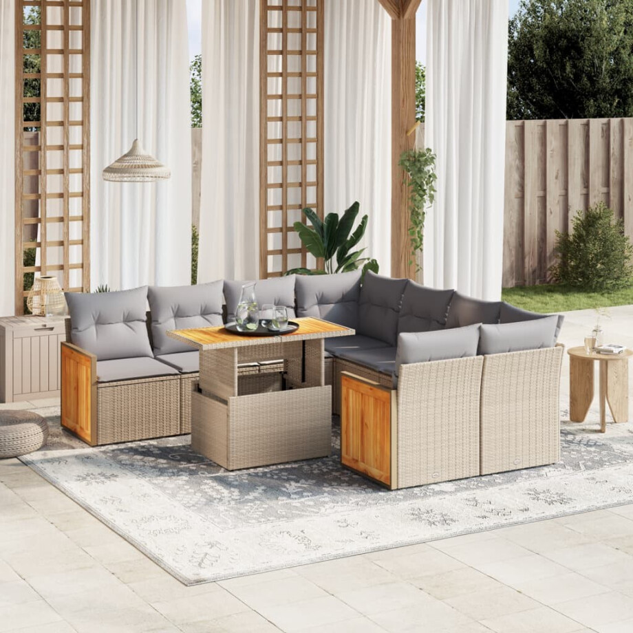 vidaXL 9-delige Loungeset met kussens poly rattan beige vidaXL 9-delige Loungeset met kussens poly rattan beige afbeelding 1