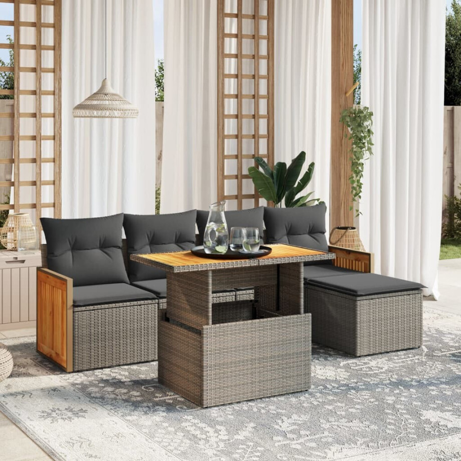 vidaXL 6-delige Loungeset met kussens poly rattan grijs afbeelding 1