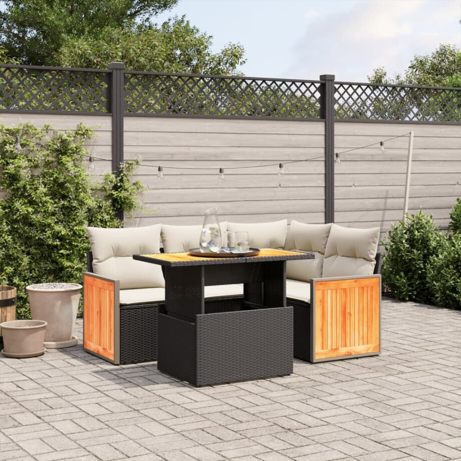 vidaXL 5-delige Loungeset met kussens poly rattan zwart afbeelding 1