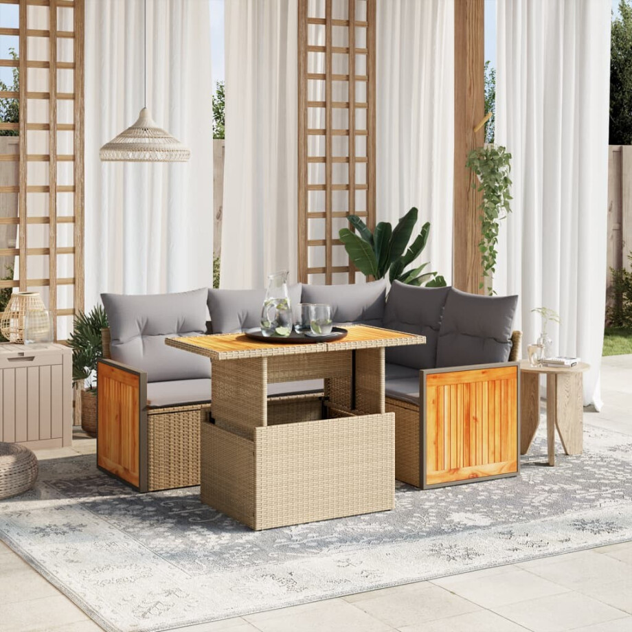 vidaXL 5-delige Loungeset met kussens poly rattan beige afbeelding 1