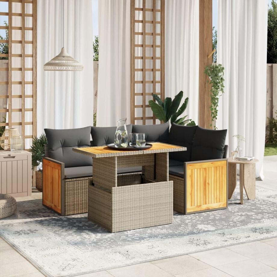 vidaXL 5-delige Loungeset met kussens poly rattan grijs vidaXL 5-delige Loungeset met kussens poly rattan grijs afbeelding 1