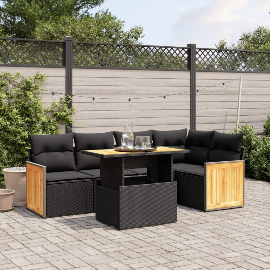 vidaXL 6-delige Loungeset met kussens poly rattan zwart afbeelding 1