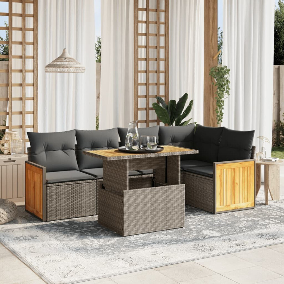 vidaXL 6-delige Loungeset met kussens poly rattan beige afbeelding 1
