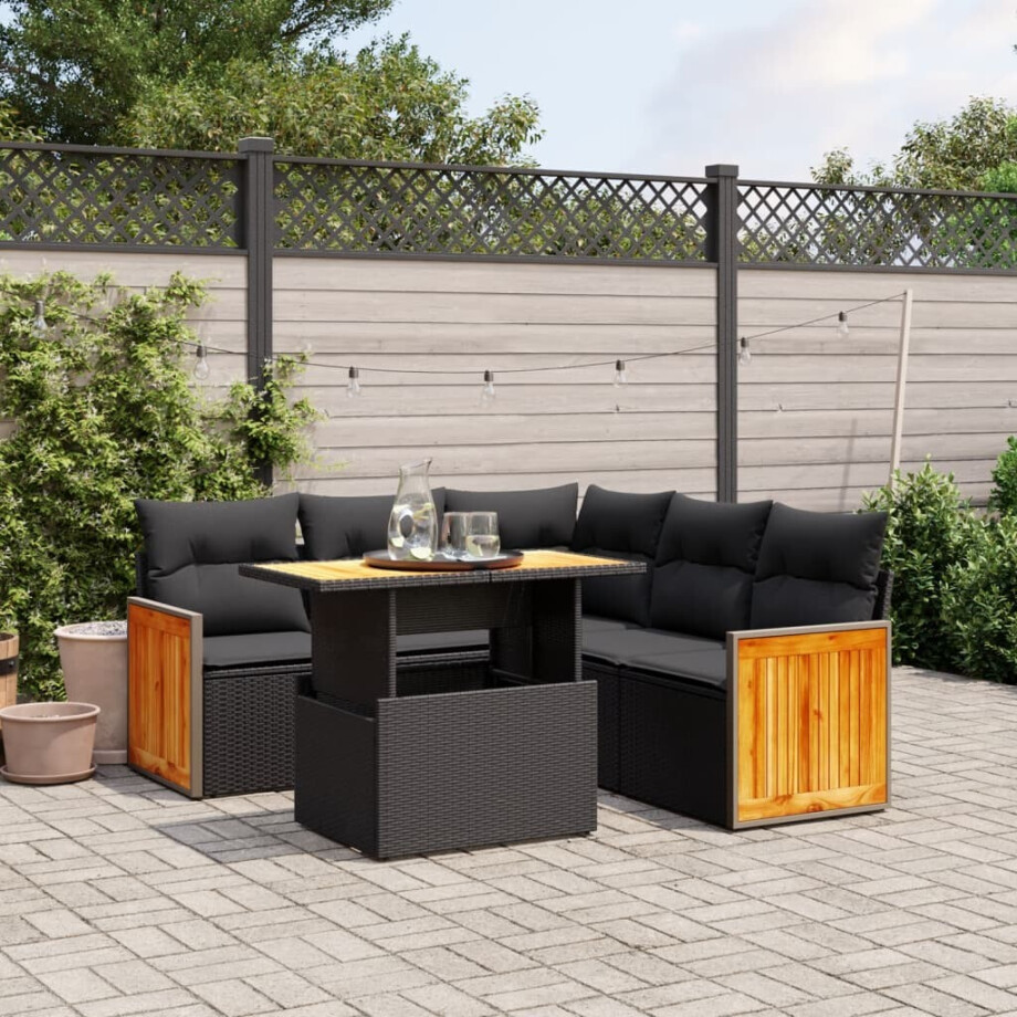 vidaXL 6-delige Loungeset met kussens poly rattan zwart afbeelding 1