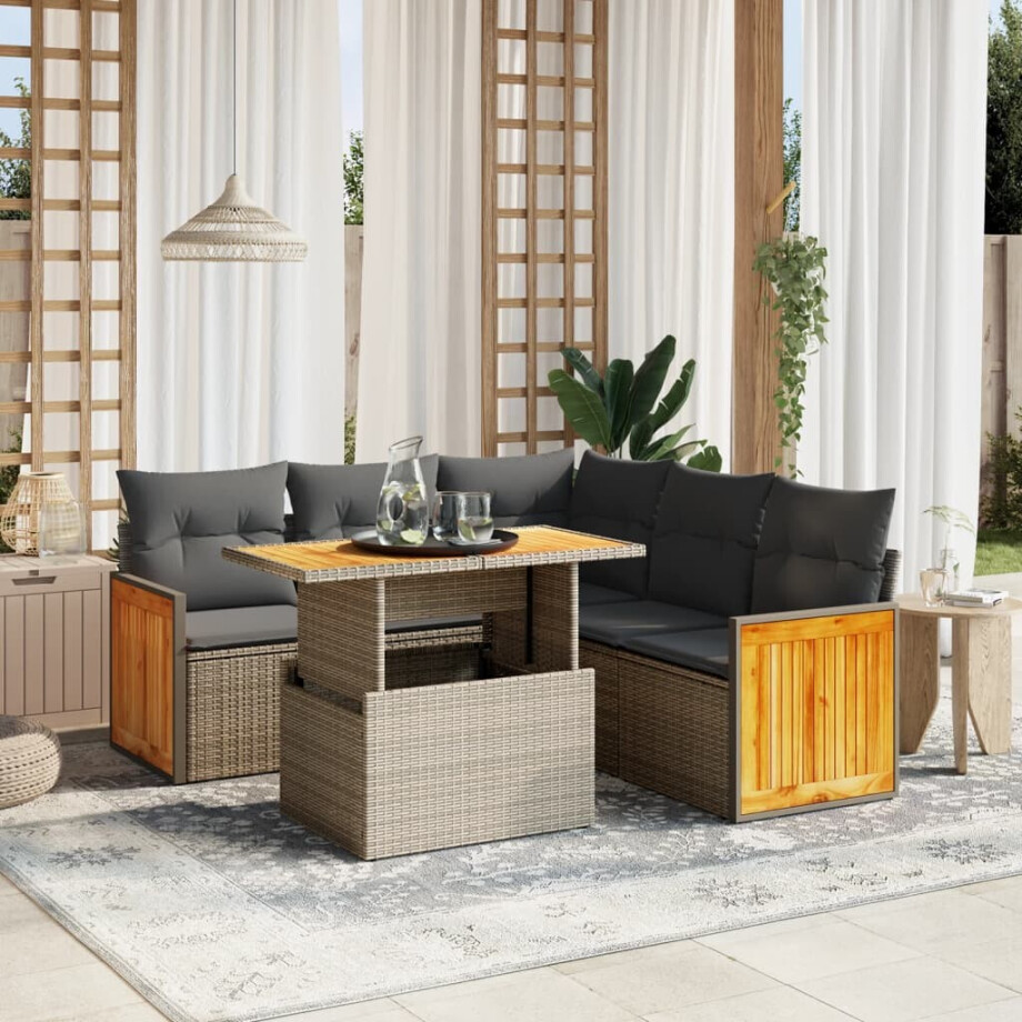 vidaXL 6-delige Loungeset met kussens poly rattan beige vidaXL 6-delige Loungeset met kussens poly rattan beige afbeelding 1
