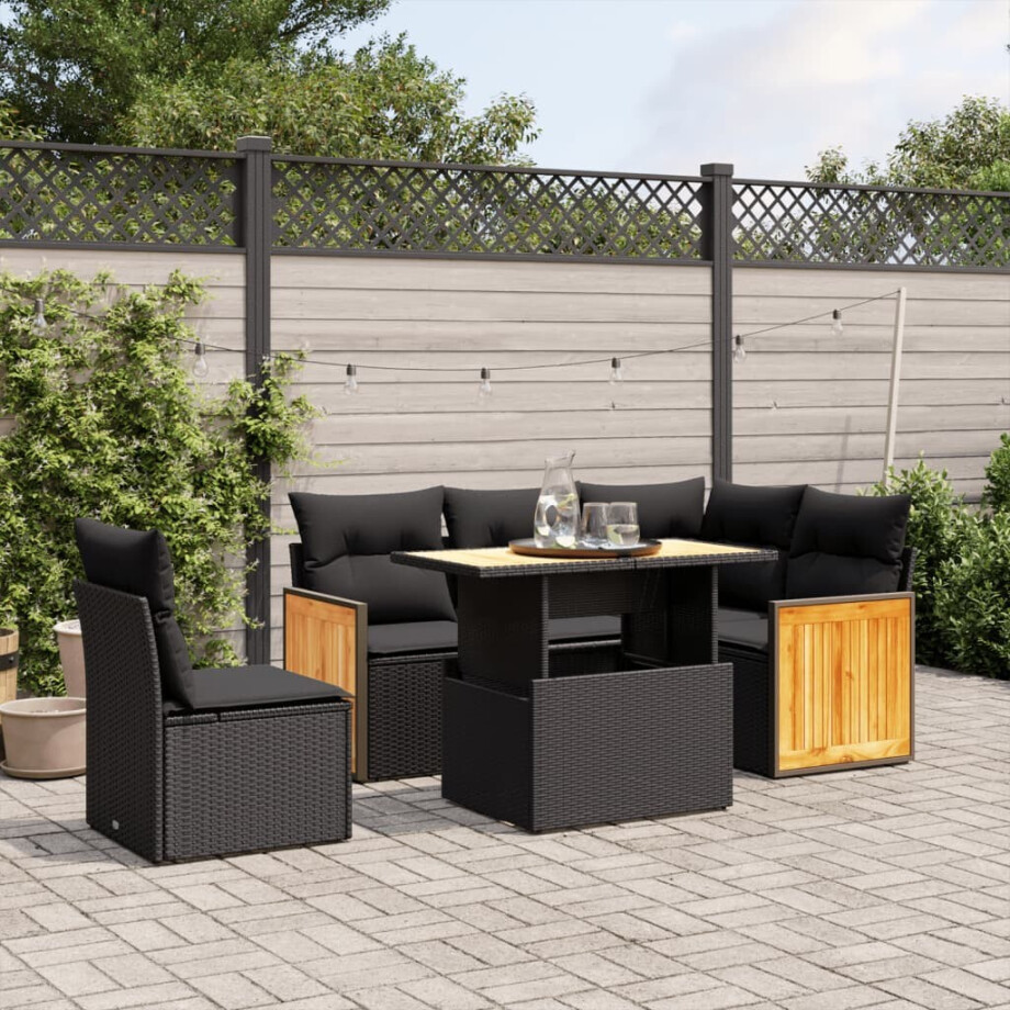 vidaXL 6-delige Loungeset met kussens poly rattan zwart afbeelding 1