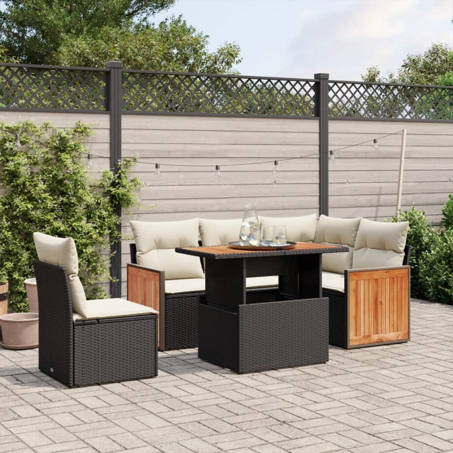 vidaXL 6-delige Loungeset met kussens poly rattan zwart afbeelding 1