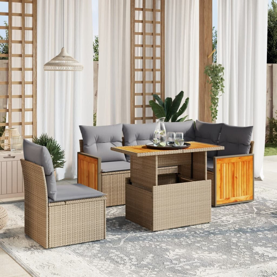 vidaXL 6-delige Loungeset met kussens poly rattan beige afbeelding 1