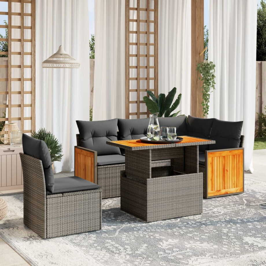 vidaXL 6-delige Loungeset met kussens poly rattan beige afbeelding 1