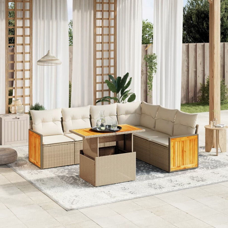 vidaXL 7-delige Loungeset met kussens poly rattan beige vidaXL 7-delige Loungeset met kussens poly rattan beige afbeelding 1