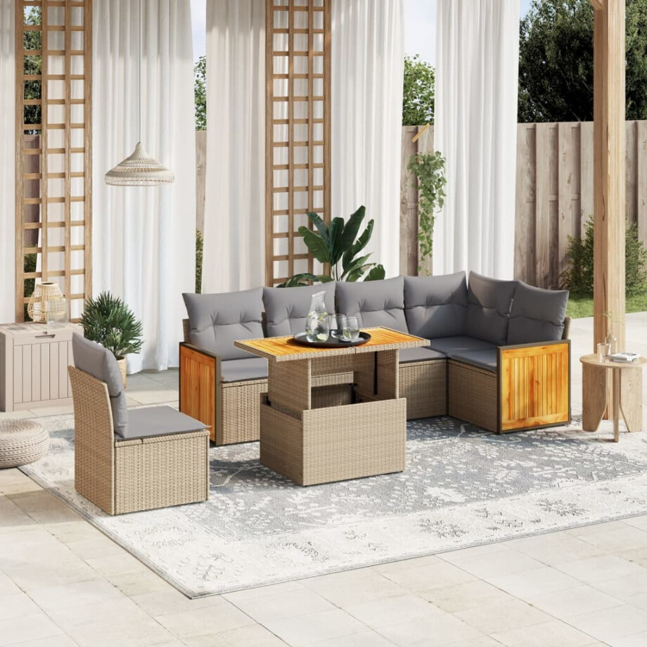 vidaXL 7-delige Loungeset met kussens poly rattan beige afbeelding 1