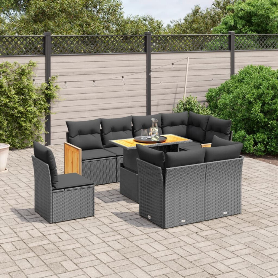 vidaXL 9-delige Loungeset met kussens poly rattan zwart afbeelding 1