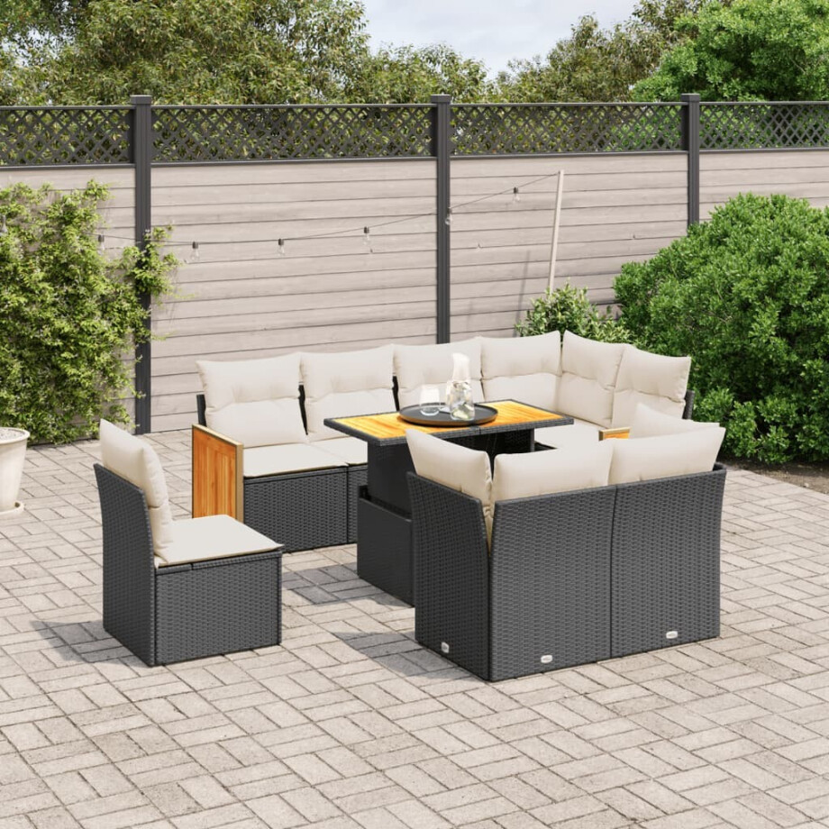 vidaXL 9-delige Loungeset met kussens poly rattan zwart afbeelding 1