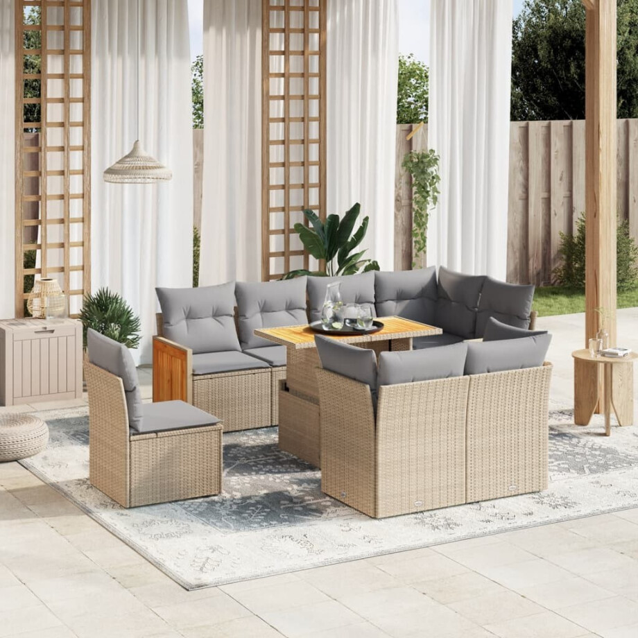 vidaXL 9-delige Loungeset met kussens poly rattan beige vidaXL 9-delige Loungeset met kussens poly rattan beige afbeelding 1