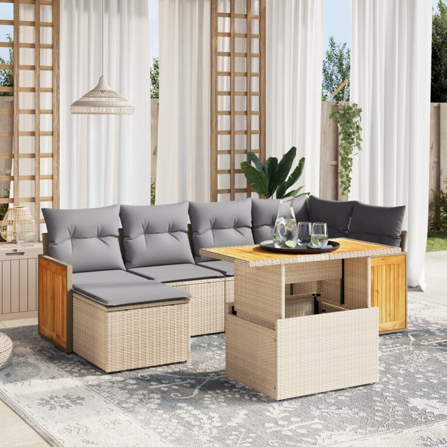 vidaXL 7-delige Loungeset met kussens poly rattan beige afbeelding 1
