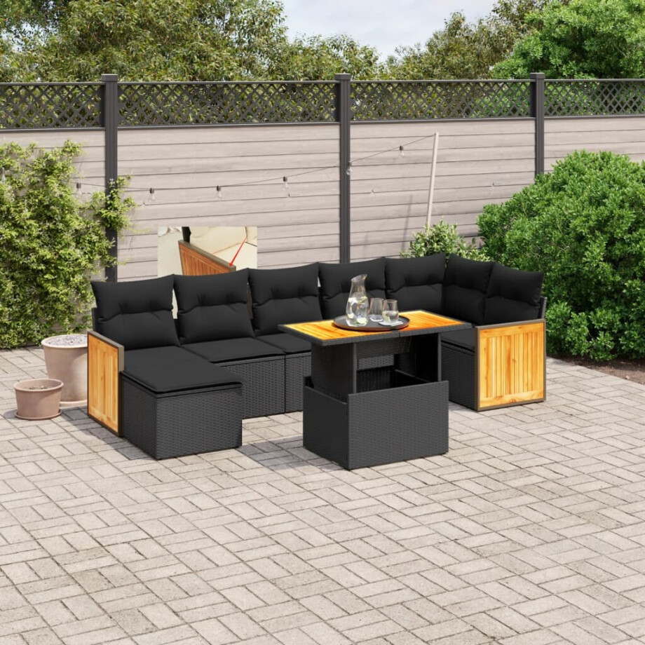 vidaXL 8-delige Loungeset met kussens poly rattan zwart afbeelding 1