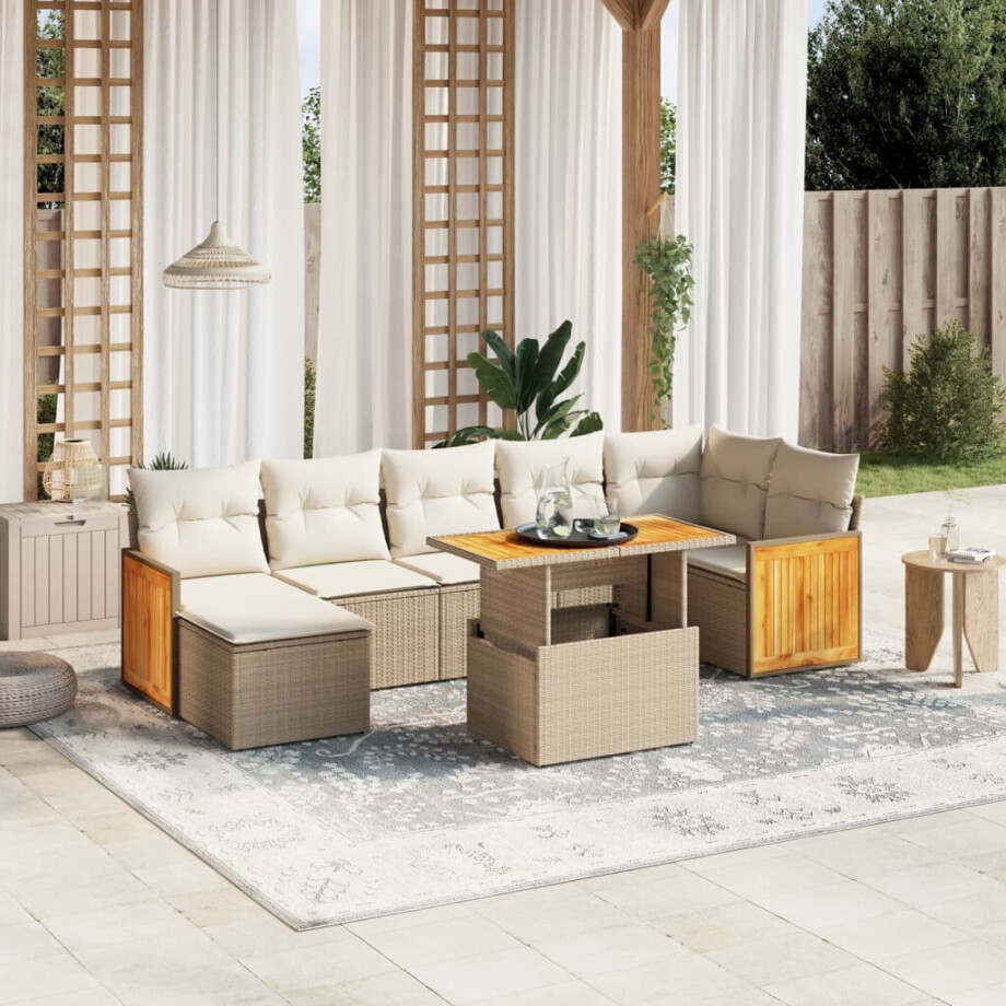vidaXL 8-delige Loungeset met kussens poly rattan beige afbeelding 1