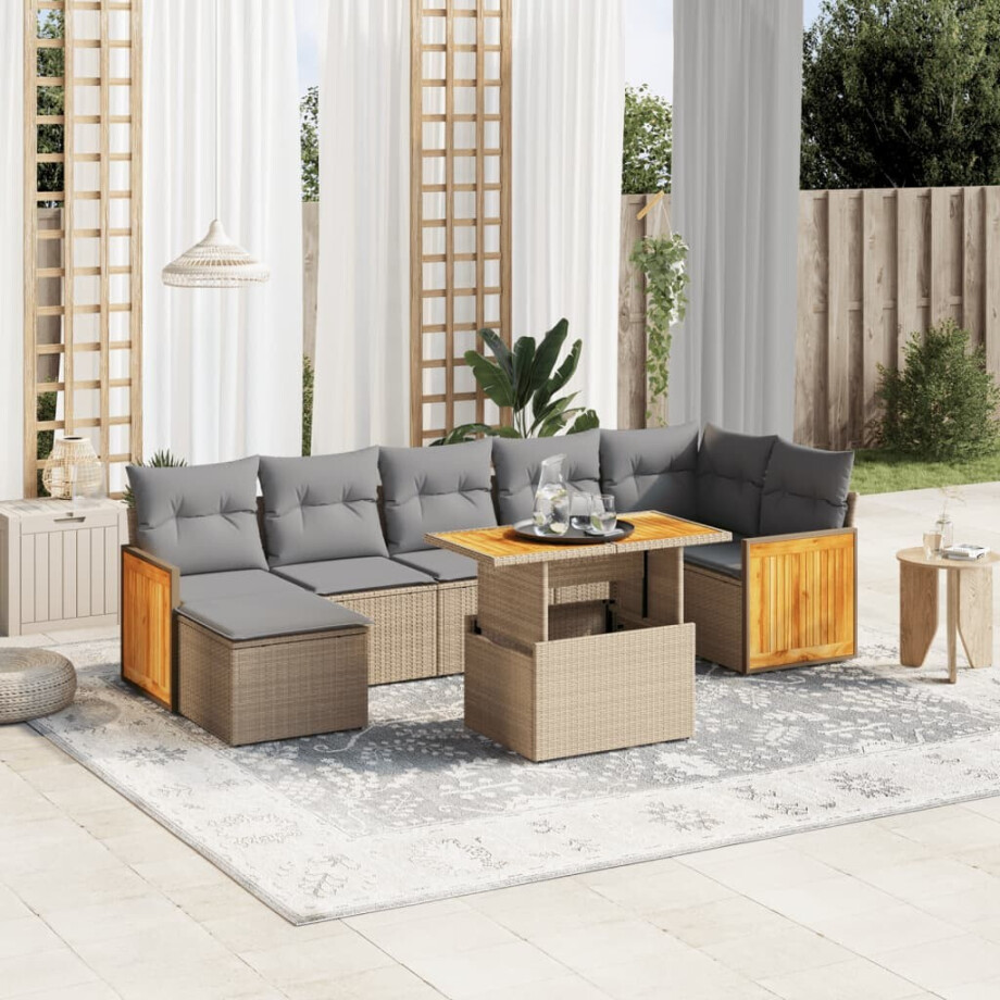 vidaXL 8-delige Loungeset met kussens poly rattan beige afbeelding 1