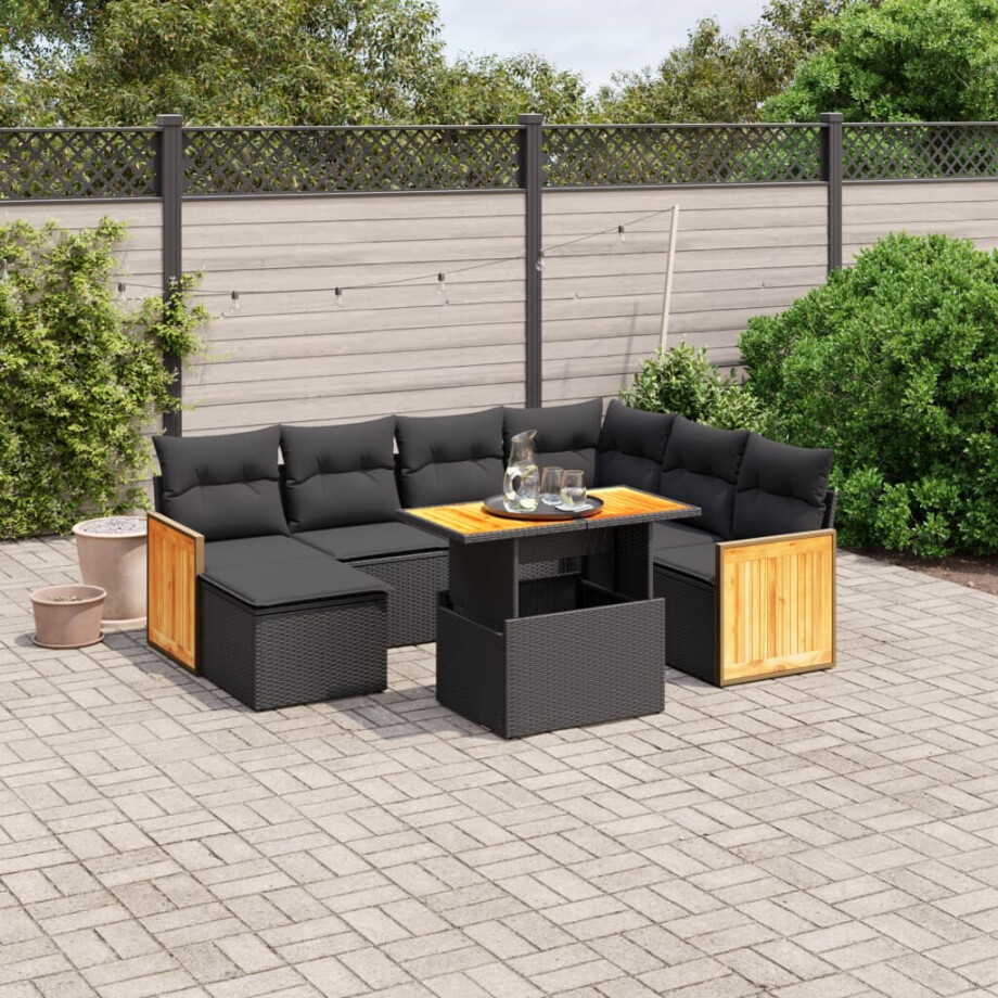 vidaXL 8-delige Loungeset met kussens poly rattan zwart afbeelding 1