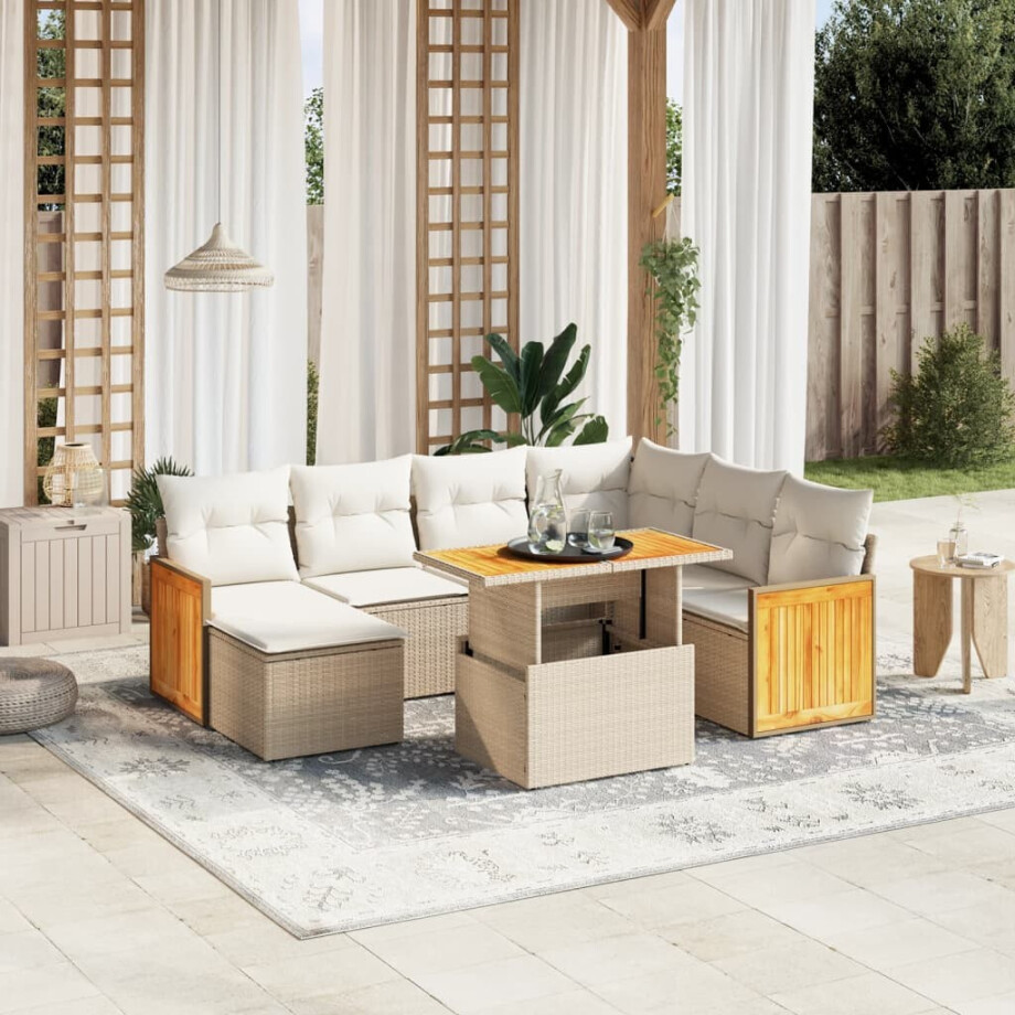 vidaXL 8-delige Loungeset met kussens poly rattan beige afbeelding 1