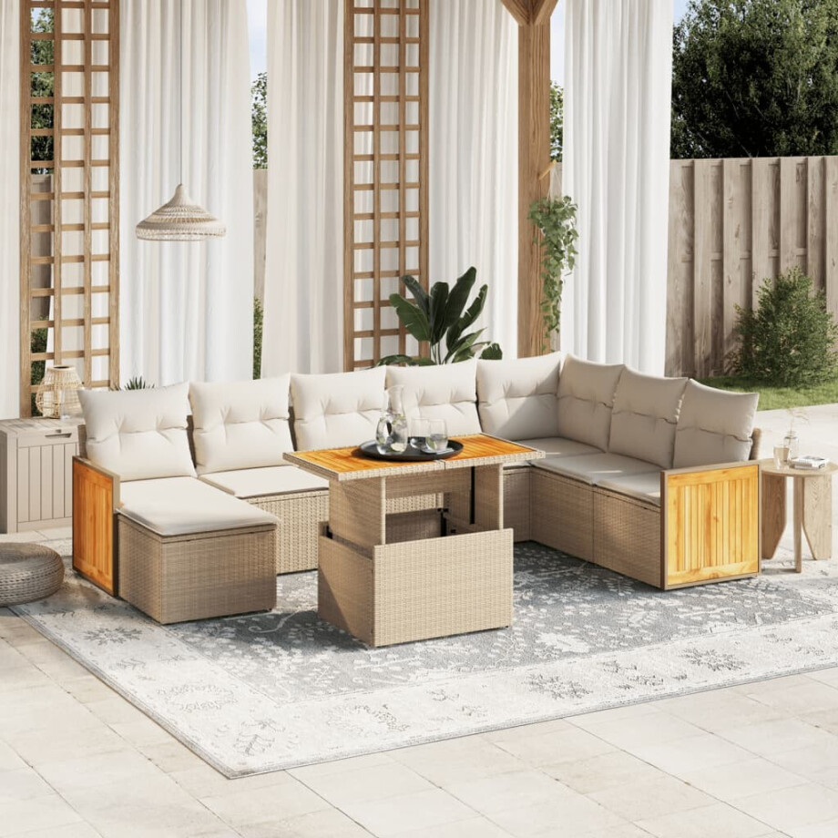 vidaXL 9-delige Loungeset met kussens poly rattan beige afbeelding 1